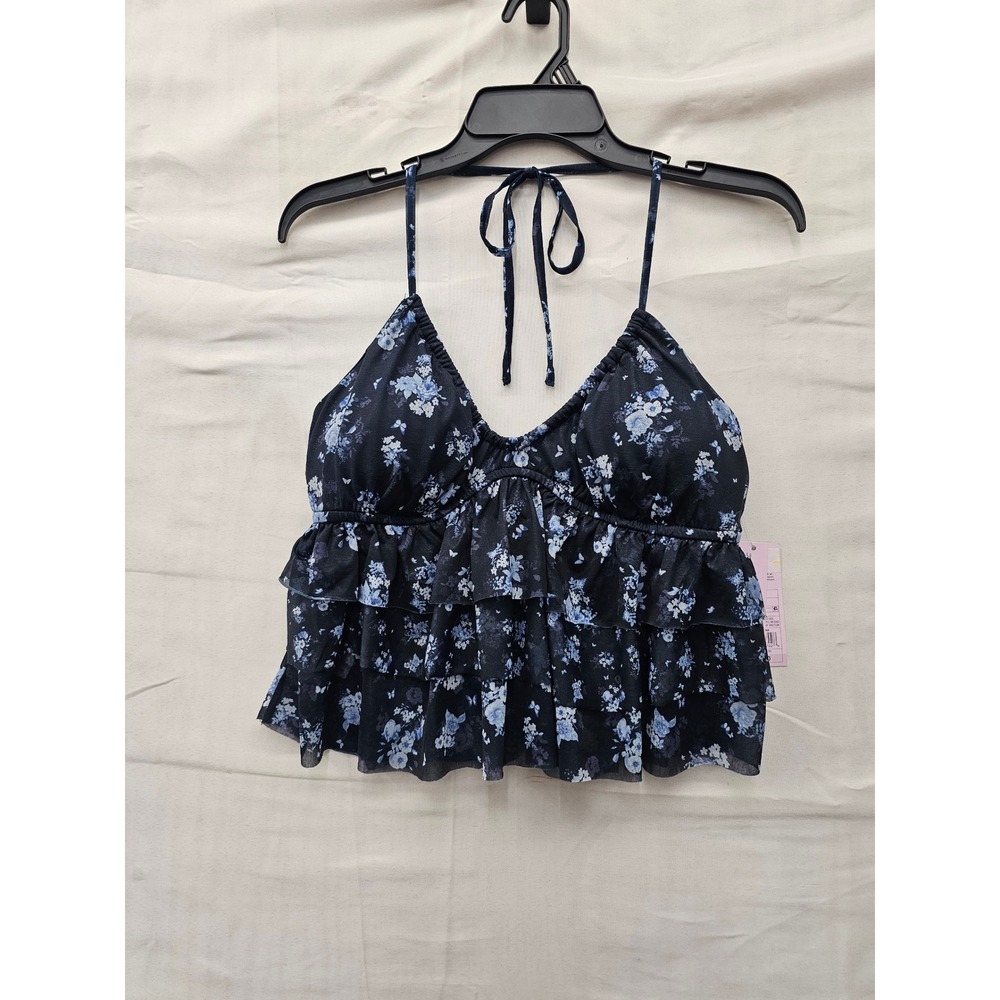 Wild Fable Womens Floral Tiered Ruffle Tank Top Blue Polyester Size Medium